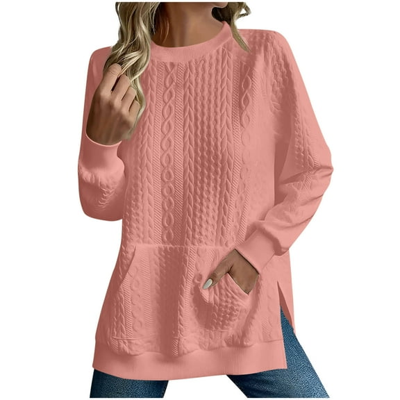 Npasoilc Knitted Sweatshirts for Women Textured Long Sleeve Round Neck Side Button Slit Pullover T-Shirts Soft Comfy Jacquard Blouse Tops Casual Loose T-Shirts