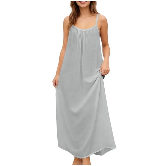 Npasoilc Lace Strappy Flowing Long Dresses for Women Crew Neck Sleeveless Solid Color A-Line Dress