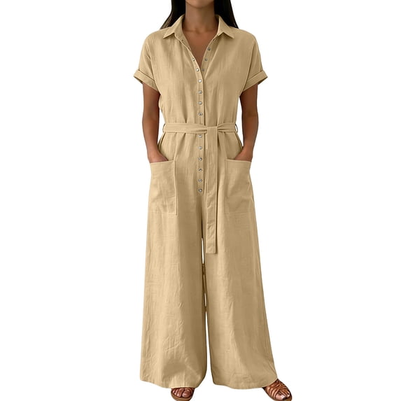 Npasoilc Lapel Button Short Sleeve Jumpsuits for Women Crew Neck Solid Color Casual Pants