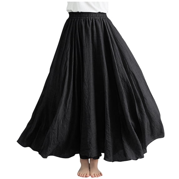 Npasoilc Large Size Elastic Waist Flax Ankle Skirt for Women Summer Solid A-Line Maxi Half Skirt