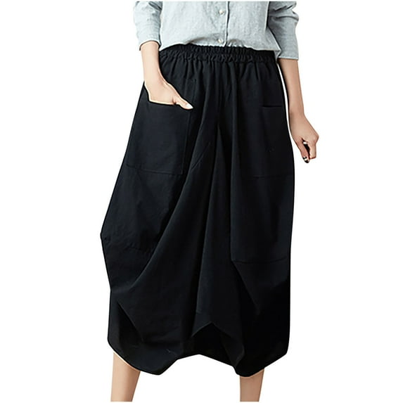 Npasoilc Latern Skirts for Women Cotton Linen Elastic High Waist A-line Pleated Skirt Solid Color Casual Loose Mid-Length Skirt with Pockets
