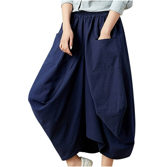 Npasoilc Latern Skirts for Women Cotton Linen Elastic High Waist A-line Pleated Skirt Solid Color Casual Loose Mid-Length Skirt with Pockets