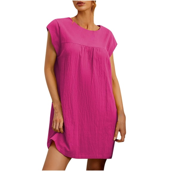 Npasoilc Linen Casual Short Dresses for Women Sleeveless Round Neck Solid Color Loose Summer Comfortable Daily Wear