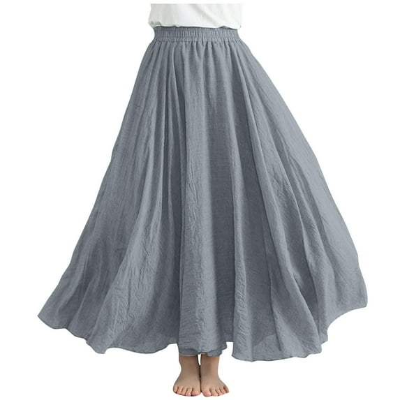 Npasoilc Linen Skirts for Women Summer Plus Size Elastic High Waist Pleated Draping Flowy Hem Solid Color Casual Loose Ankle-Length Skirt