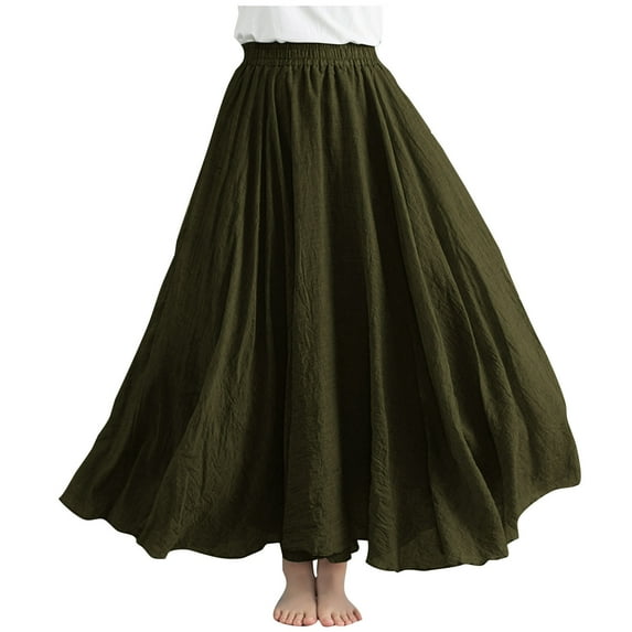 Npasoilc Linen Skirts for Women Summer Plus Size Elastic High Waist Pleated Draping Flowy Hem Solid Color Casual Loose Ankle-Length Skirt