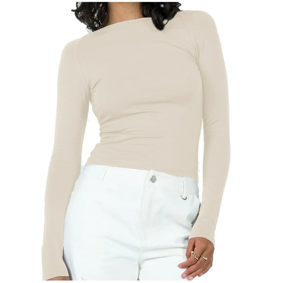 Npasoilc Long Sleeve Cropped Tops For Women Basic Slim Shirts Casual Solid Color Lightweight Basic Shirts Comfy Soft Fall Top Going Out Round Neck Tops