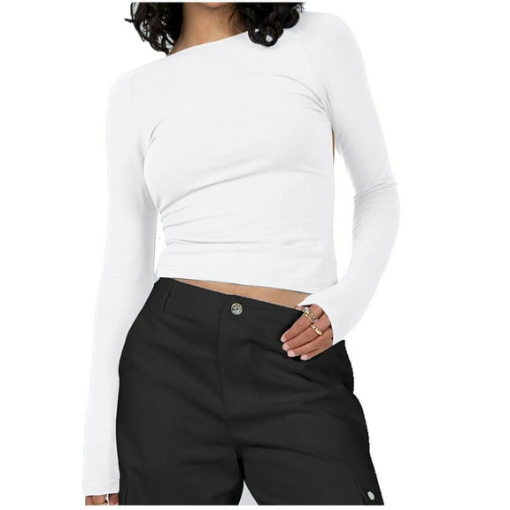 Npasoilc Long Sleeve Cropped Tops For Women Basic Slim Shirts Casual Solid Color Lightweight Basic Shirts Comfy Soft Fall Top Going Out Round Neck Tops