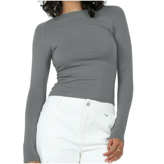 Npasoilc Long Sleeve Cropped Tops For Women Basic Slim Shirts Casual Solid Color Lightweight Basic Shirts Comfy Soft Fall Top Going Out Round Neck Tops