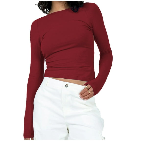 Npasoilc Long Sleeve Cropped Tops For Women Basic Slim Shirts Casual Solid Color Lightweight Basic Shirts Comfy Soft Fall Top Going Out Round Neck Tops