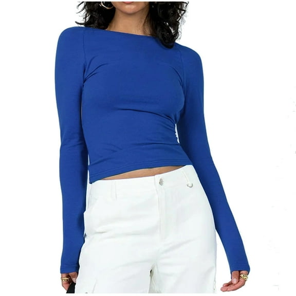 Npasoilc Long Sleeve Cropped Tops For Women Basic Slim Shirts Casual Solid Color Lightweight Basic Shirts Comfy Soft Fall Top Going Out Round Neck Tops