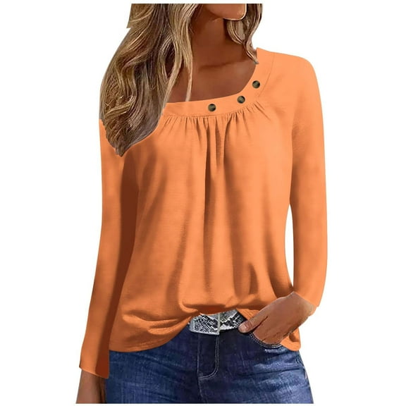 Npasoilc Long Sleeve Shirts for Women Button Decorated Square Neck Pleated Lightweight Pullover Blouse Solid Color Casual Loose Fall Outfits T-Shirts