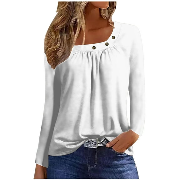 Npasoilc Long Sleeve Shirts for Women 2024 Button Decorated Square Neck Pleated Lightweight Pullover Blouse Solid Color Casual Loose Fall Outfits T-Shirts