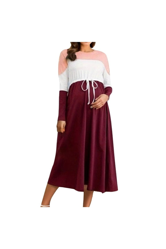 Maternity Dress For Photoshoot Casual Long Sleeve Color Block Patchwork Pregnancy Dresses Round Neck Pregnant Clothes Baby Shower Dress Fall Maternity Dress