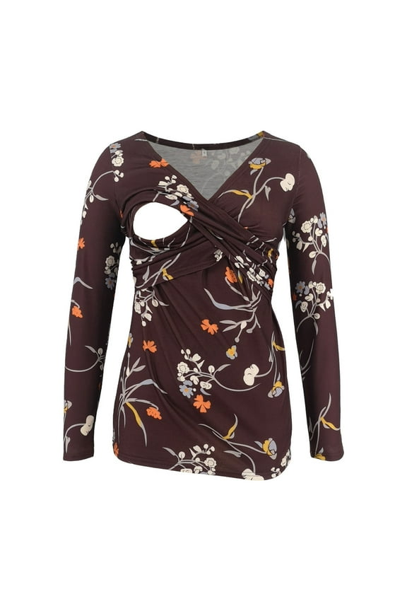 Maternity Shirts For Women Casual Long Sleeve Flower Printed Cross Wrap Pregnancy Tunic Blouse Comfy Breastfeeding Tops Pregnancy Clothes Nursing Tops
