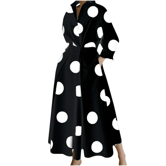 Npasoilc Maxi Dresses For Women Casual Turn Down Collar Long Sleeve Large Dot Printed Waist Printed Dresses Floor Length Long Dress Fall Dress