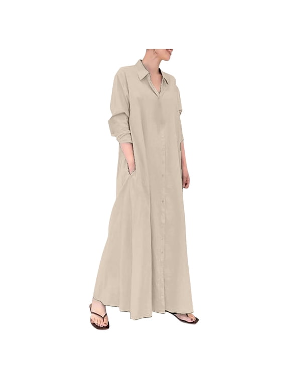 Maxi Dresses for Women V-Neck Long Sleeve Button Down Long Shirts Casual loose Blouse Dress with Pockets