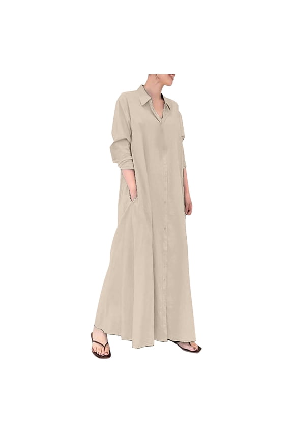 Maxi Dresses for Women V-Neck Long Sleeve Button Down Long Shirts Casual loose Blouse Dress with Pockets