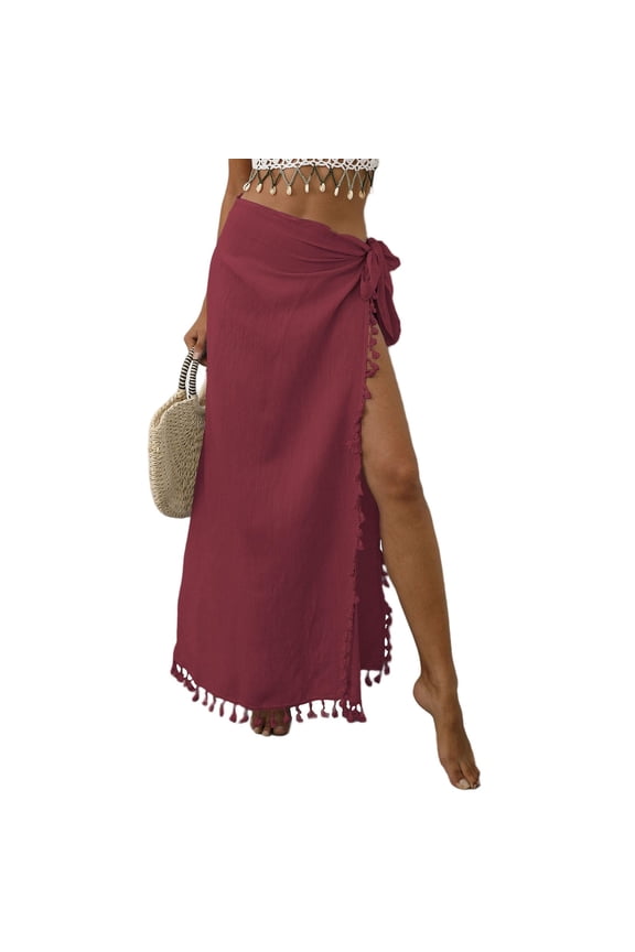 Maxi Skirt for Women Wrap Tassel Panel Tie Solid Beach Cover Up Half Skirt