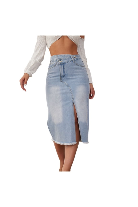 Mid Length Slit Front High Waist Denim Skirt for Women Personalized Street Tassels Half Skirt
