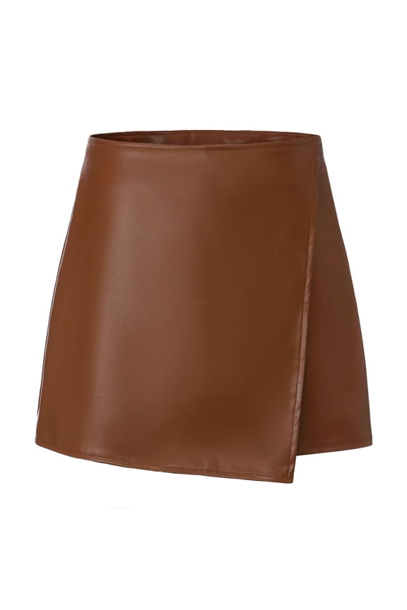 Midi Skirt Pants for Women Asymmetrical Pleated High Waist Zipper Leather Half Skirt Pants