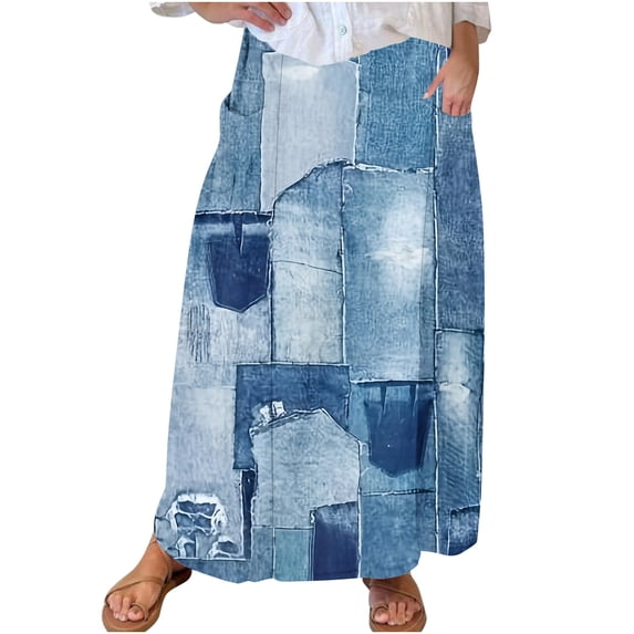 Npasoilc Midi Skirt for Women Printed Elastic Waistband Pleated Pocket Mid Calf Half Skirt