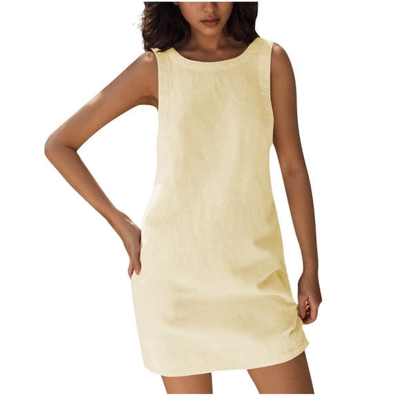 Npasoilc Mini Dress for Women Crew Neck Sleeveless Low Backless Dresses Casual Solid Color with Pockets
