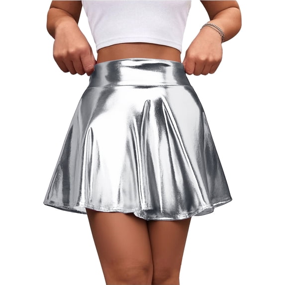 Npasoilc Mini Skirt for Women Solid Color Shiny Fabric High Elastic Waist Casual Half Skirt