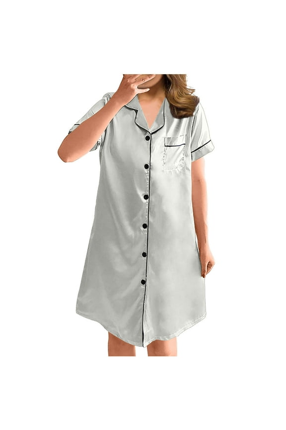 Nightshirts For Women Button Down Sleepshirt Silk Short Sleeve Nightgown Satin Pajama Dress Boyfriend Notch Collar Sleepwear