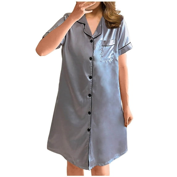Npasoilc Nightshirts For Women Button Down Sleepshirt Silk Short Sleeve Nightgown Satin Pajama Dress Boyfriend Notch Collar Sleepwear