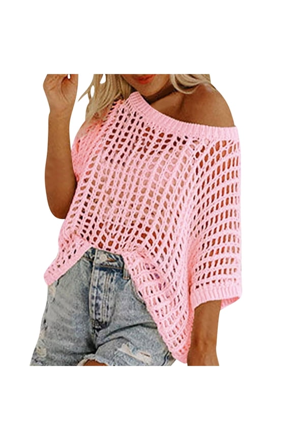 Off Shoulder Sweaters For Women Casual Round Neck Short Sleeve Sweater Crochet Hollow Out Knit Tops Pullover Shirts Beach Coverup