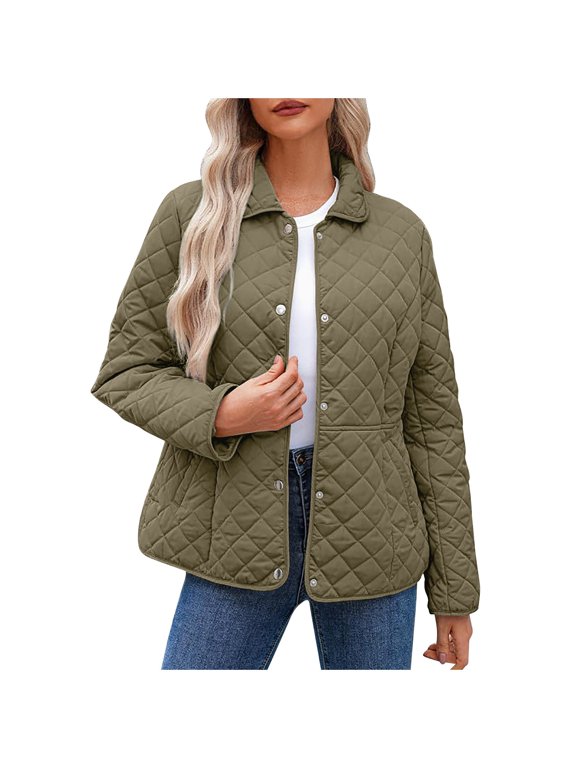 Padded Jackets for Women Warm Winter Cotton Jacket with Pockets Casual Long Sleeve Buckle Lapel Thin Cardigan Jackets