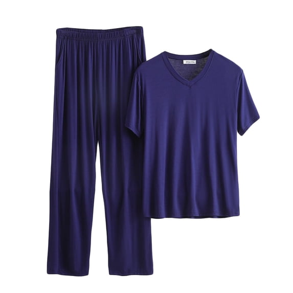 Npasoilc Pajama Sets for Men 2PC Short Sleeve V-Neck Lightweight Quick Dry Sleepwear Shirts with Elastic Waist Straight Leg Long Pants Casual Loose Comfy Loungewear Sets