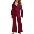 thumbnail image 1 of Npasoilc Pajama Sets for Women 2 Piece Silk Satin Short Sleeve Button Down Lapel Loungewear with Pants Solid Color Casual Loose Nightgowns with Pocket, 1 of 8
