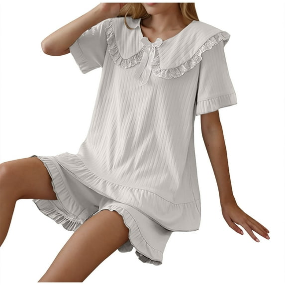 Npasoilc Pajama Sets for Women Summer Short Sleeve Bow-Tie Round Neck Doll Collar Tops and Ruffle Hem Shorts Casual Loose Breathable Cute Nightgown Sets