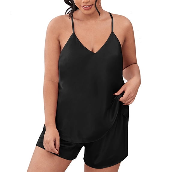 Npasoilc Pajama Sets for Women 2 Piece Plus Size Silk Satin Sleeveless Backless Camisole Loungewear with Shorts Casual Loose Nightgowns