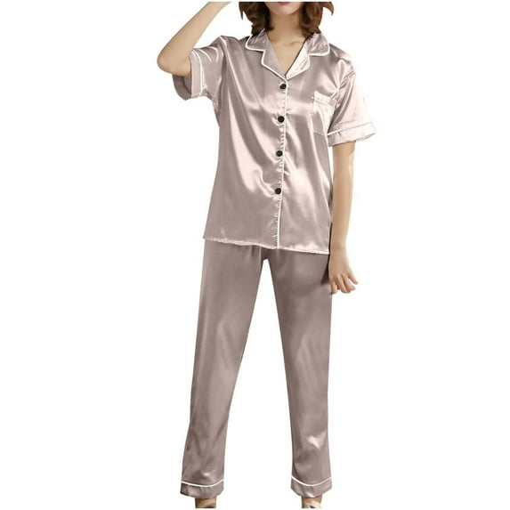 Npasoilc Pajama Sets for Women 2 Piece Satin Short Sleeve Button Down Lapel Loungewear with Pants Solid Color Casual Loose Nightgowns with Pockets
