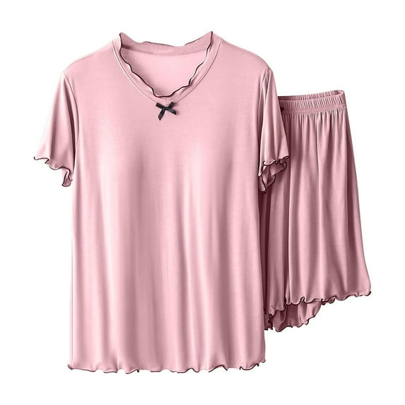 Npasoilc Pajama Sets for Women 2 Piece Summer Short Sleeve Ruffle Trim Bow Decorated Padded Loungewear with Shorts Casual Loose Nightgowns