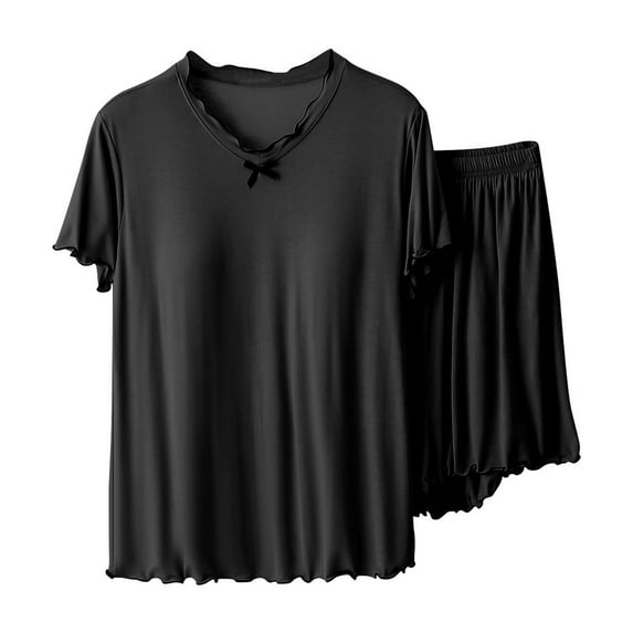 Npasoilc Pajama Sets for Women 2 Piece Summer Short Sleeve Ruffle Trim Bow Decorated Padded Loungewear with Shorts Casual Loose Nightgowns