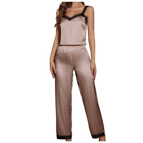 Npasoilc Pajama Sets for Women 2 Piece Summer Silk Satin Lace Patchwork Camisole and Pants Breathable Loungewear Stripe Print Casual Loose Nightgowns