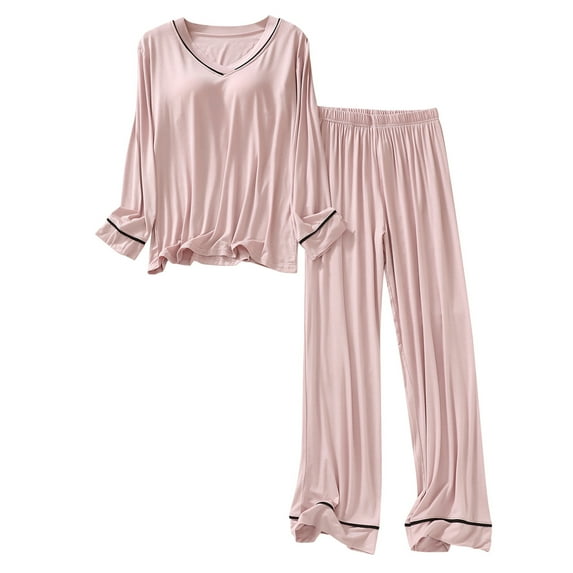 Npasoilc Pajama Sets for Women 2 Piece Summer Soft Long Sleeve V-Neck T-shirt Tops and Pants Breathable Loungewear Skin-friendly Loose Nightgowns