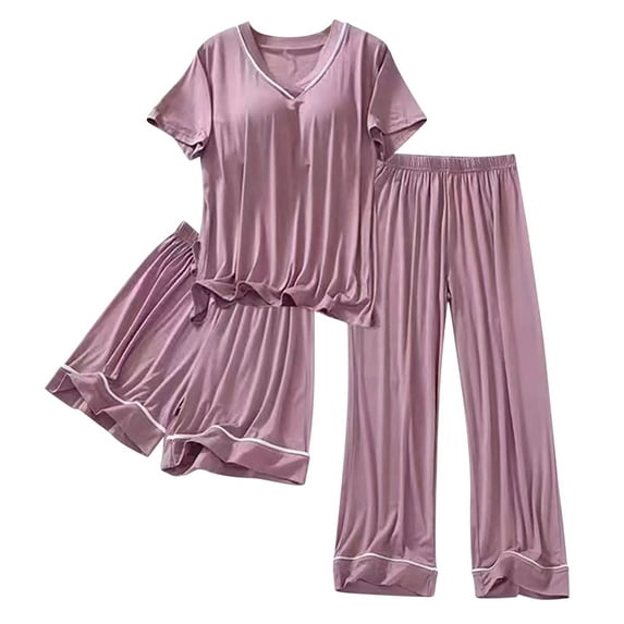 Npasoilc Pajama Sets for Women 3 Piece Satin Short Sleeve Padded Tops Stretchy Waist Shorts and Pants Loungewear Solid Color Casual Loose Nightgowns