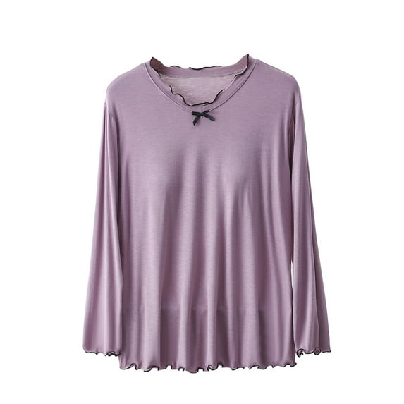Npasoilc Pajama Tops for Women Summer Long Sleeve Ruffle Trim Bow Decorated Loungewear with Chest Pads Solid Color Casual Loose Nightgowns