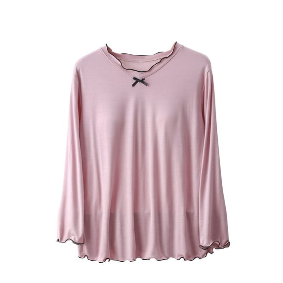 Npasoilc Pajama Tops for Women Summer Long Sleeve Ruffle Trim Bow Decorated Loungewear with Chest Pads Solid Color Casual Loose Nightgowns