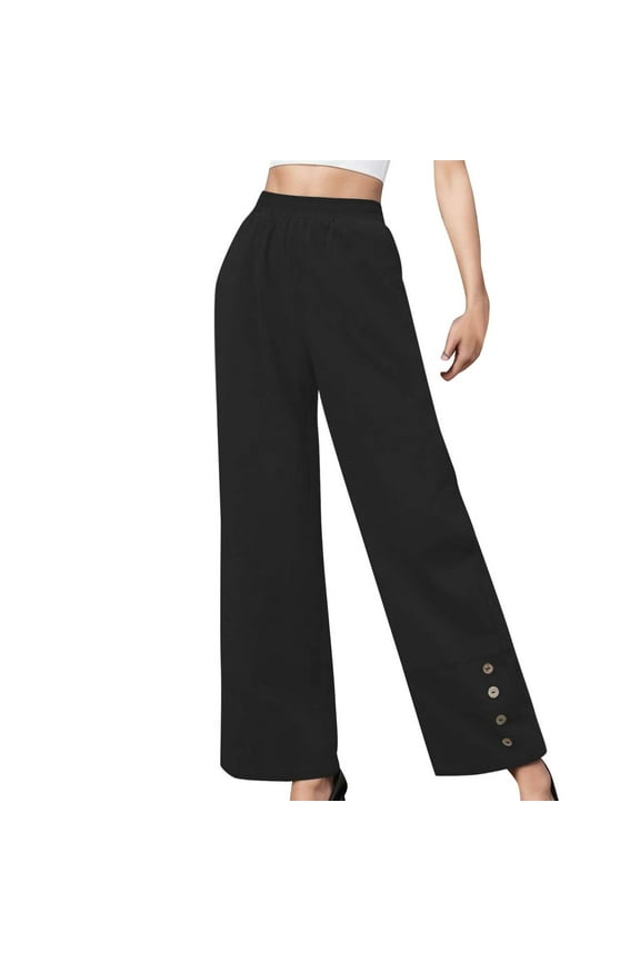 Pants for Women Trendy Wide Leg Elastic High Waisted Button Decorated Lightweight Business Work Flare Trousers Solid Color Casual Loose Dress Pants