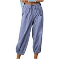thumbnail image 1 of Npasoilc Pants for Women Cotton Linen Harem Leg Drawstring Elastic Waist Loose Fit Casual Trousers Long Straight Crop Pants with Pockets, 1 of 8