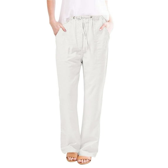 Npasoilc Pants for Women Cotton Linen High Waisted Drawstring Elastic Waist Loose Fit Casual Trousers Long Straight Pants with Pockets