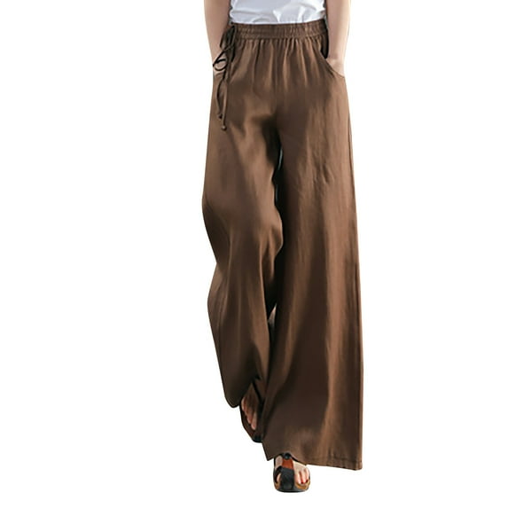 Npasoilc Pants for Women Cotton Linen High Waisted Wide Leg Draswstring Elastic Breathable Solid Color Casual Maxi Pants with Pockets