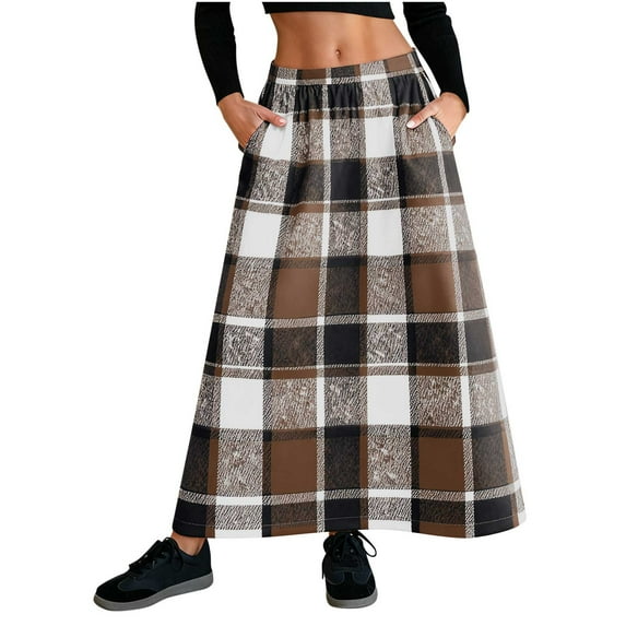 Npasoilc Plaid Wool Skirt for Women High Waisted Ruffled A-Line Ankle-Length Buttoned With Pockets for Casual Fall and Winter Wear