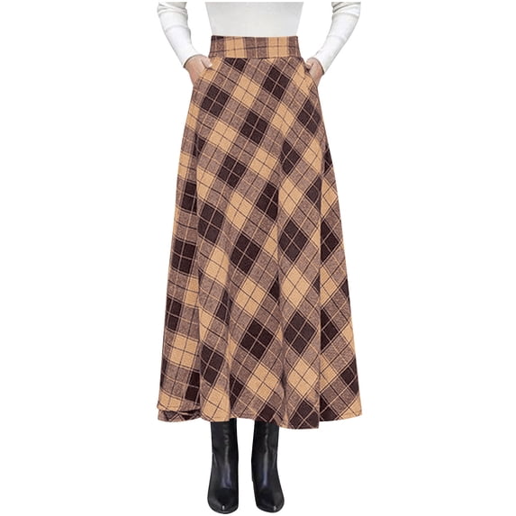 Npasoilc Plaid Wool Skirts for Women Fall Winter Casual High Waisted Ruffle A-Line Ankle-Lenghth Buttoned Long Skirt With Pocket