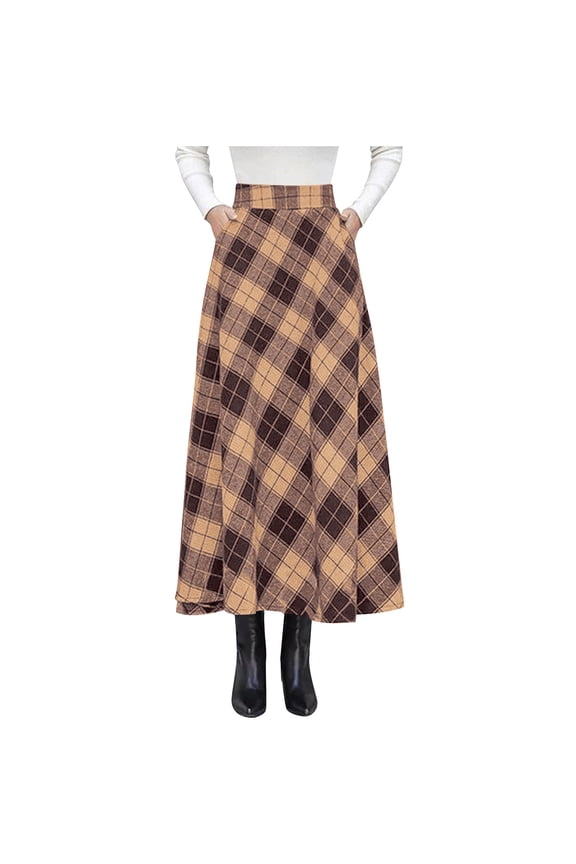 Plaid Wool Skirts for Women Fall Winter Casual High Waisted Ruffle A-Line Ankle-Lenghth Buttoned Long Skirt With Pocket